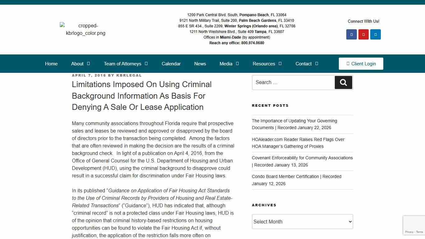 Limitations Imposed On Using Criminal Background Information As Basis For Denying A Sale Or Lease Application - Kaye Bender Rembaum